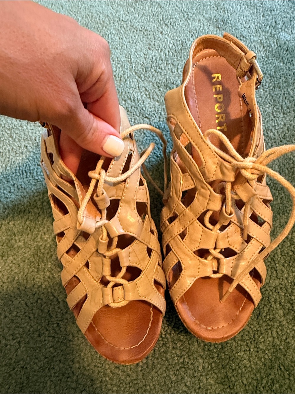 REPORT Beige Woven Lace-Up Wedge Sandals